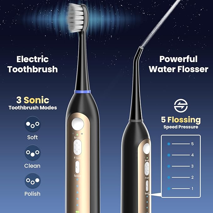 Electric Toothbrush with Water Flosser Combo- Wireless Charging Flossing Toothbrush- All in One Sonic Toothbrush with 3 Modes & 5 Flosses- Portable & Powerful Water Flosser for Teeth Cleaning,Travel