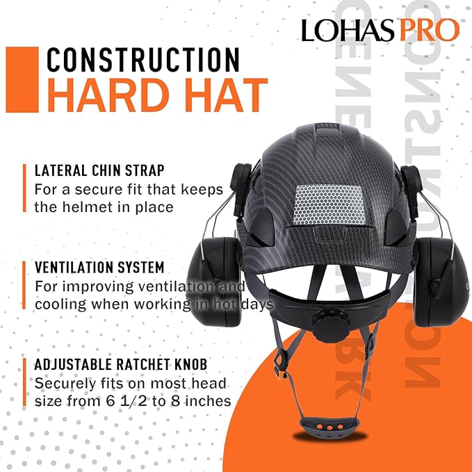 LOHASPRO Arborist Forestry Helmet Safety Hard Hat with Visor and Ear Muffs Carbon Fiber Hard Hat for Logging Chainsaw Helmet Mowing(Black Graphite Pattern with Smoked Visor+Earmuffs)