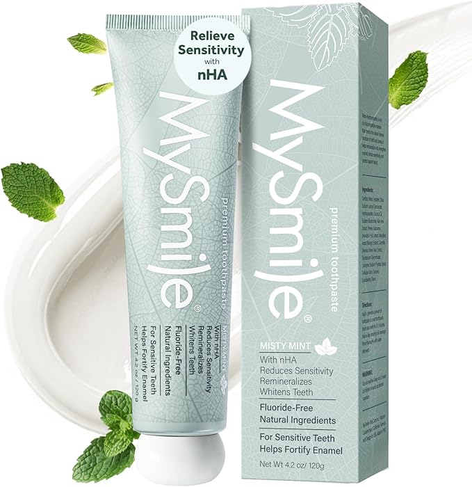 MySmile Fluoride Free Toothpaste, Nano Hydroxyapatite Toothpaste for Sensitive Teeth, Strengthens Enamel, Remineralizes & Whitens Teeth, Freshens Breath for Adults, SLS Free, Natural Misty Mint, 4.2oz