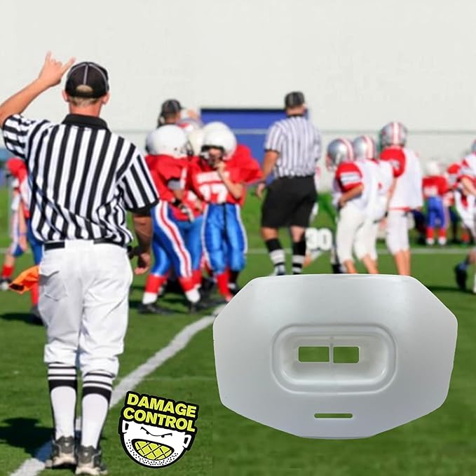 DAMAGE CONTROL Youth Football Mouth Guard – Breathable No Boil Mouthpiece, Protects Lips & Teeth, Works with Braces, Includes Helmet Strap – Sports Gear & Accessories (White)