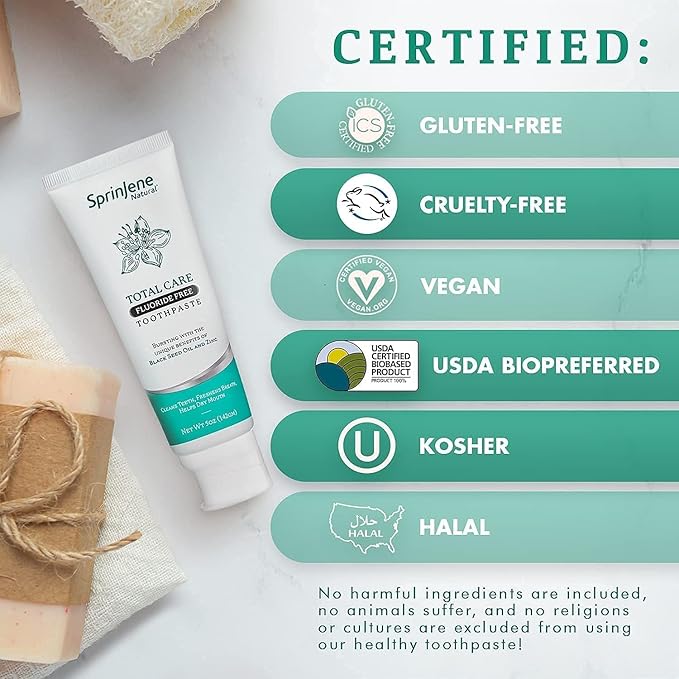 SprinJene Natural Total Care Fluoride Free Toothpaste – Patented Formula with Black Seed Oil & Zinc – Dry Mouth Toothpaste for Fresh Breath & Strong Teeth – Made in The USA (2 Pack)