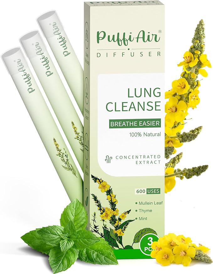 Herbal Diffuser Upgraded with Extracts of Mullein, Thyme and Mint for Cleansing Lungs, Improving Breathing and Oral Air Freshening - 3 Sticks, 1 Pack