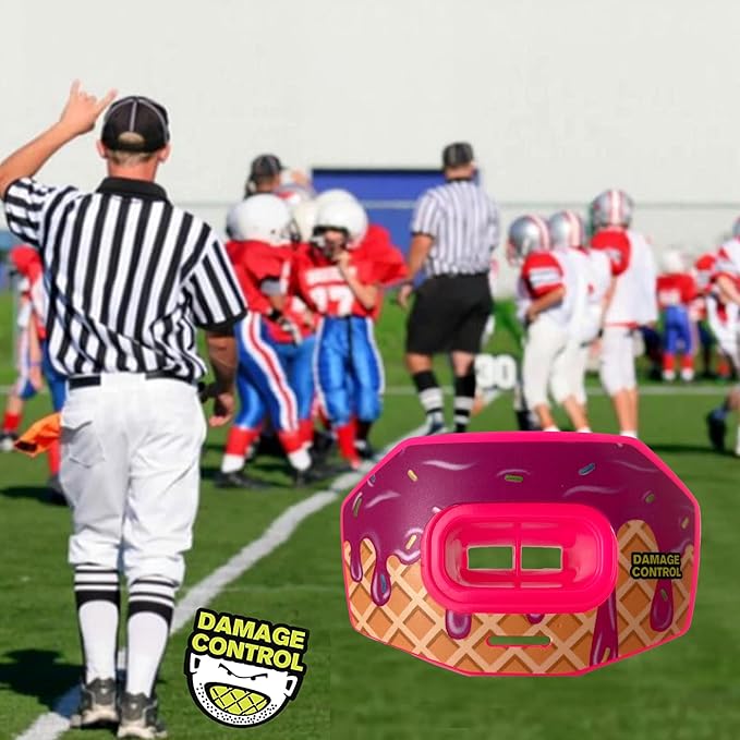 DAMAGE CONTROL Youth Football Mouth Guard – Breathable No Boil Mouthpiece, Protects Lips & Teeth, Works with Braces, Includes Helmet Strap – Sports Gear & Accessories (Brain Freeze)