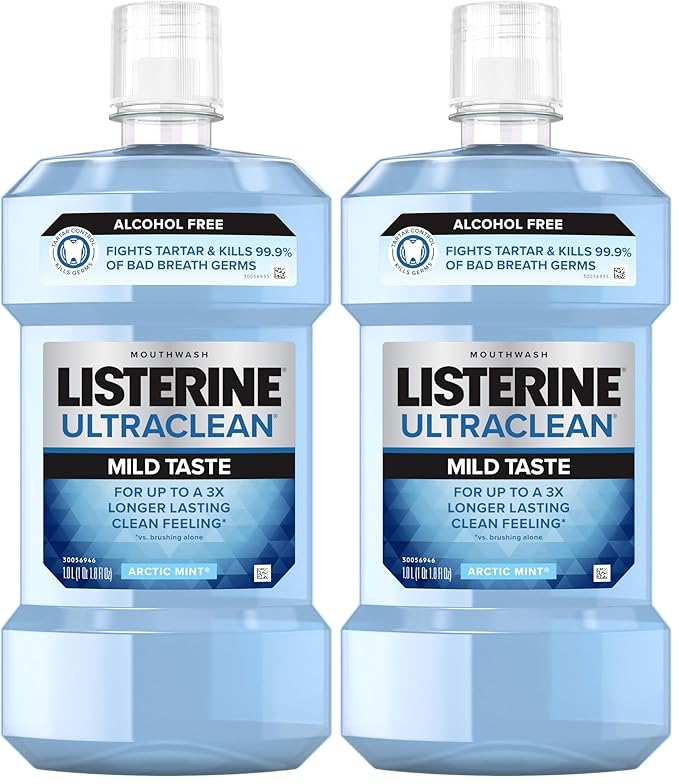 Listerine Ultraclean Alcohol Free Tartar Control Mouthwash, Oral Rinse to Help Fight Bad Breath and Tartar, for Cleaner, Naturally White Teeth, Less Intense Arctic Mint Taste, 1 L (Pack of 2)