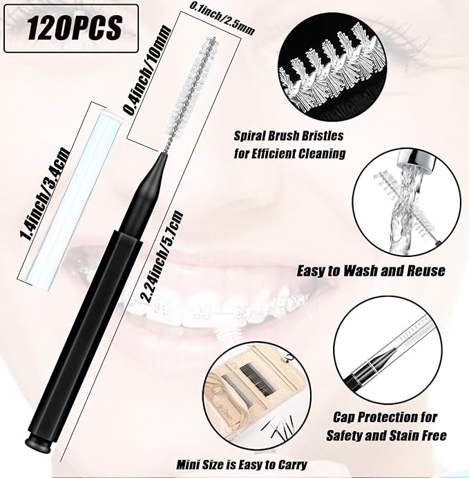 130-Count Interdental Brushes Set - Black & White Orthodontic Cleaning Kit with Spiral Brush Heads, Braces-Friendly Flossers & Toothpicks for Efficient Teeth & Braces Care