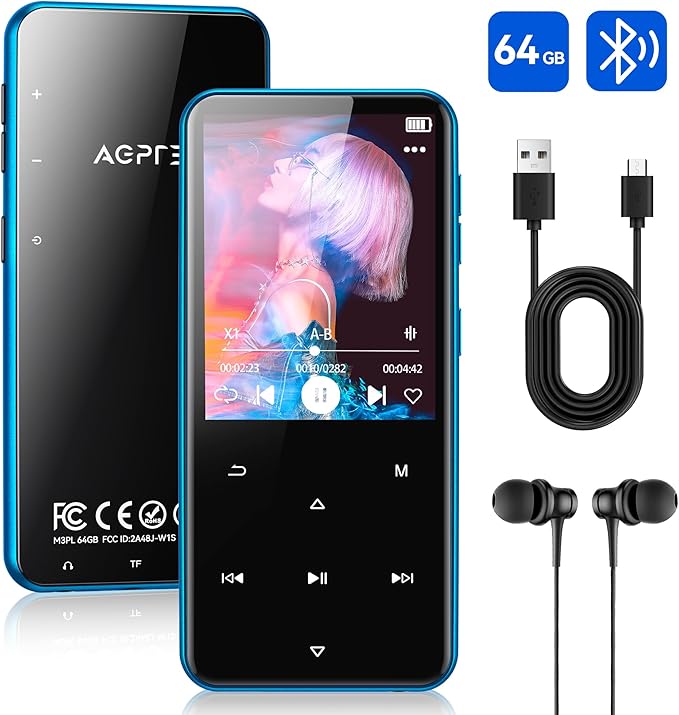 AGPTEK 64GB MP3 Player with Bluetooth, M3 2.4 inch Music Player with Speaker and FM Radio, Touch Buttons, Supports Up to 128GB(Blue)