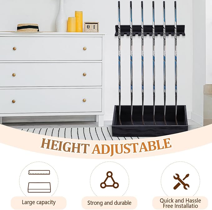 Leinuosen Hockey Stick Holder Wall Mounted and Vertical 2 in 1 Wooden Ice Hockey Rack Organizer Storage and Display Large Capacity Organizer Holds up to Sticks for Player Gifts