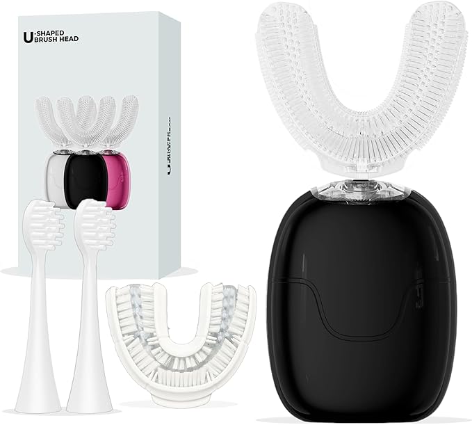 Electric U Shaped Toothbrush Adults with Nylon Brush Head,360 Degree Whole Mouth Cleaning, Rechargeable Electric Toothbrush,Teeth Whitening Brush for Home & Travel Use (Black)