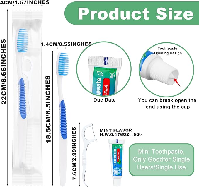 Disposable Toothbrushes with Toothpaste and Floss,50 Pcs 3 in 1 Individually Wrapped Single Use Travel Toothbrushes and Dental Floss Kit Bulk for Homeless,Guests,Dentist,Hotel(5 Colors)