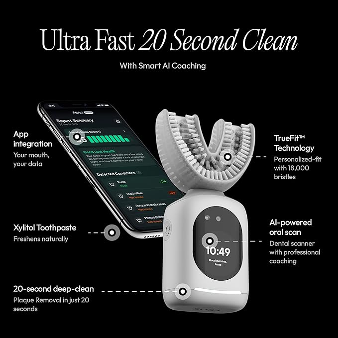 Feno Smartbrush Founders Edition Plus – AI-Powered Electric Toothbrush with Personalized Mouthpiece, Foam Toothpaste (3 Tubes), Tongue Scraper & 12-Month Plus Subscription