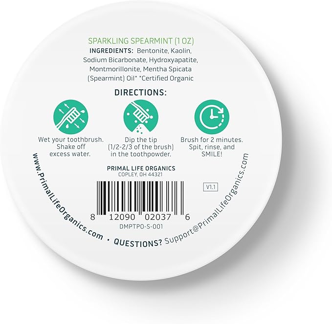Primal Life Organics - Dirty Mouth Toothpowder, Tooth Cleaning Powder, Flavored Essential Oils with Natural Kaolin & Bentonite Clay, Good for 200+ Brushings, Paleo, Organic, Vegan (Spearmint, 1 oz)