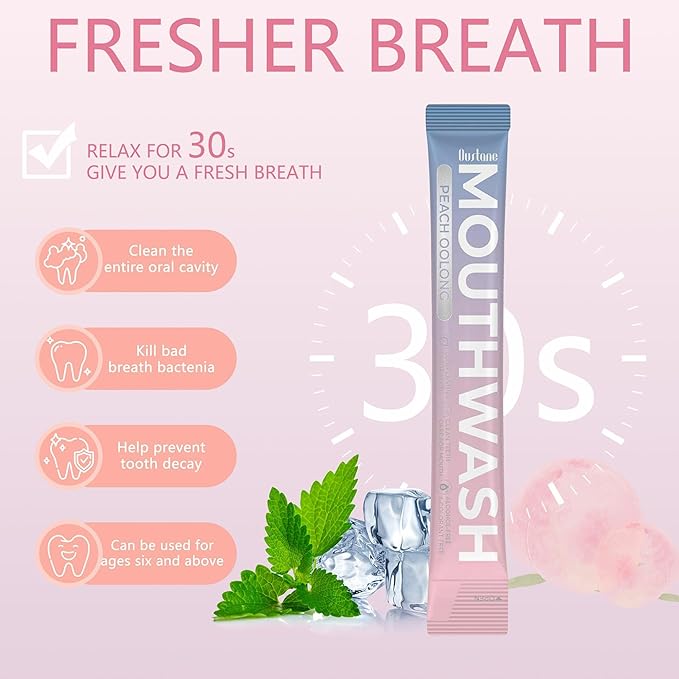 Travel Size Mouthwash, Peach Oolong Flavor, Alcohol-Free, 20-Pack Portable Packets, 0.5 Fl Oz Each, Long-Lasting Freshness (20)