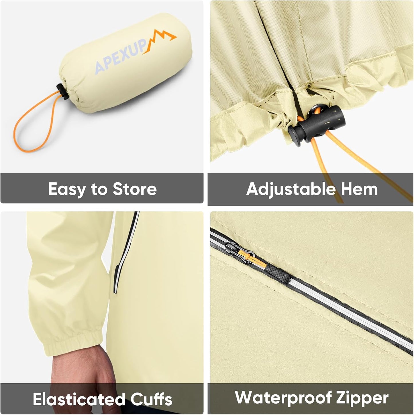 APEXUP Packable Rain Jacket Men with Reflective Zipper, Lightweight Waterproof Raincoat, Mens Rain Jacket for Outdoor Sports