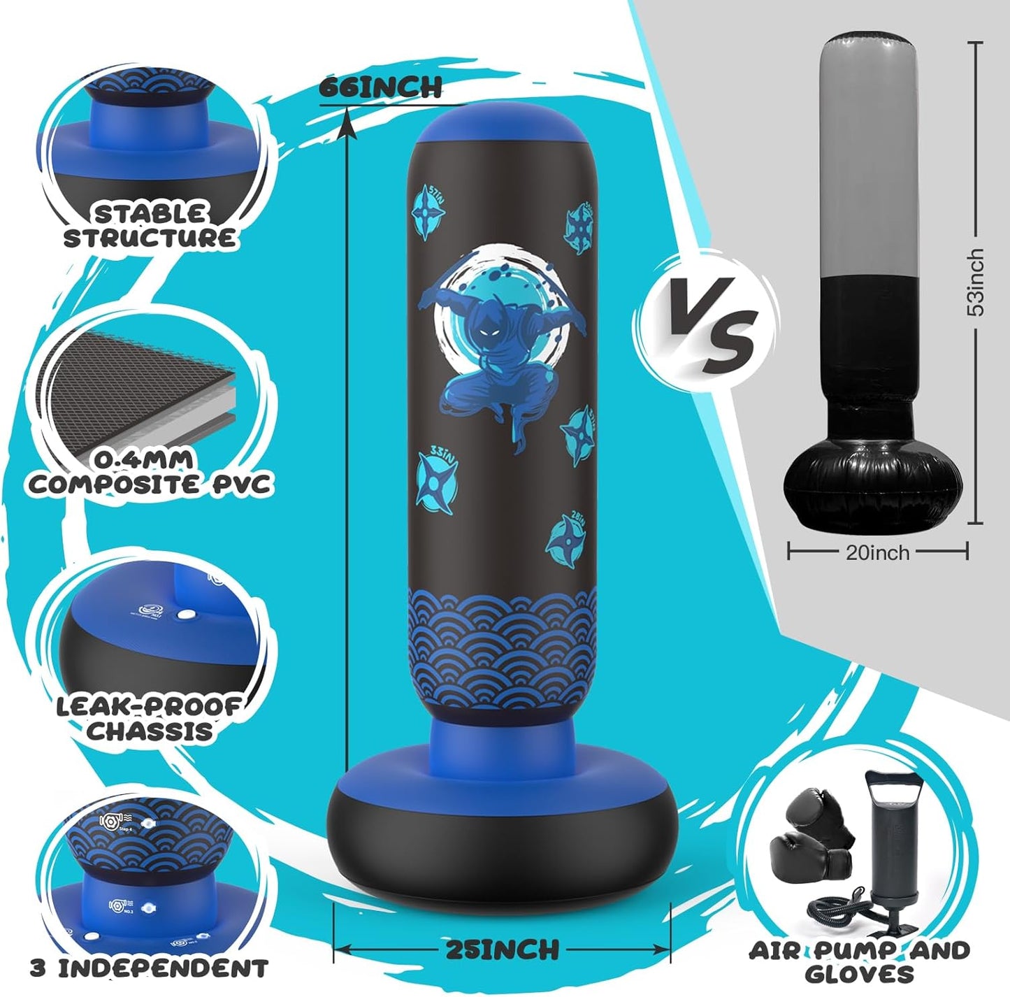 Inflatable Punching Bag for Kids, Tall Larger 66 Inch Stable Boxing Bag for Teens, Ninja Shuriken Toy Gifts for Boys Girls, Boxing Set with Gloves and Pump for Practicing Karate Taekwondo