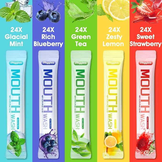 Mouthwash Travel Size – Individually Wrapped Portable Packets, Alcohol-Free & Fluoride-Free, On-The-Go Oral Hygiene for Fresh Breath Anytime(5 Flavors) (120 Pack)