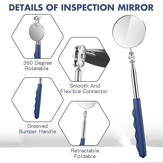 1 Pcs Telescoping Inspection Mirror Mechanics Automotive Tool with Long Handle Extendable Mirror on a Stick for Technicians Mechanics Contractors Checking Observation(Blue,Round)