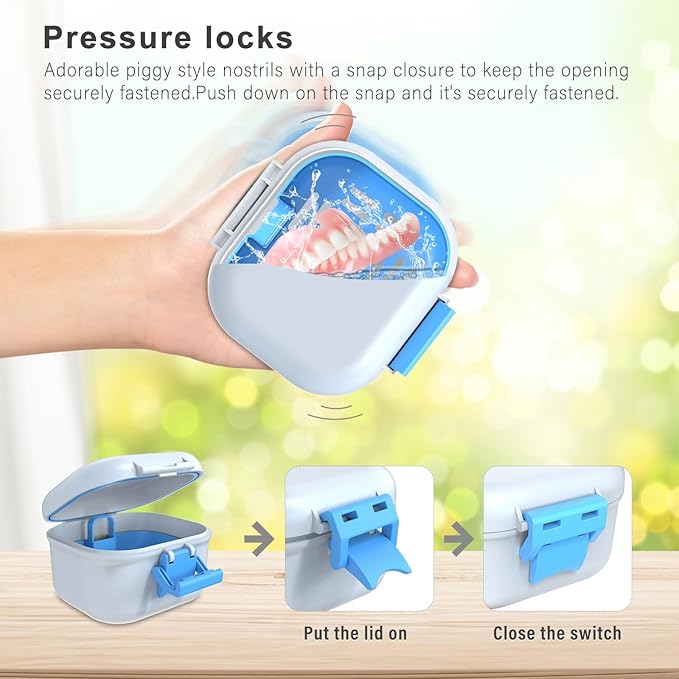 BVN Leak-Proof Denture Case, Denture Cup for Soaking Dentures, Retainer Cleaning Case Bule and White Denture Case