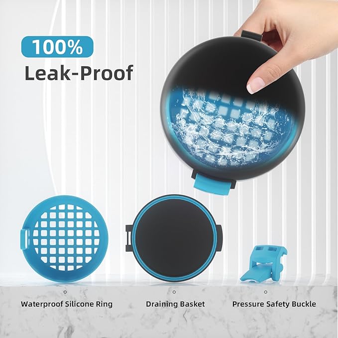 BVN Leak-Proof Denture Bath Cup for Travel, Denture Cup for Soak Dentures, Retainer Cleaning Case with Strainer (Black + Blue)