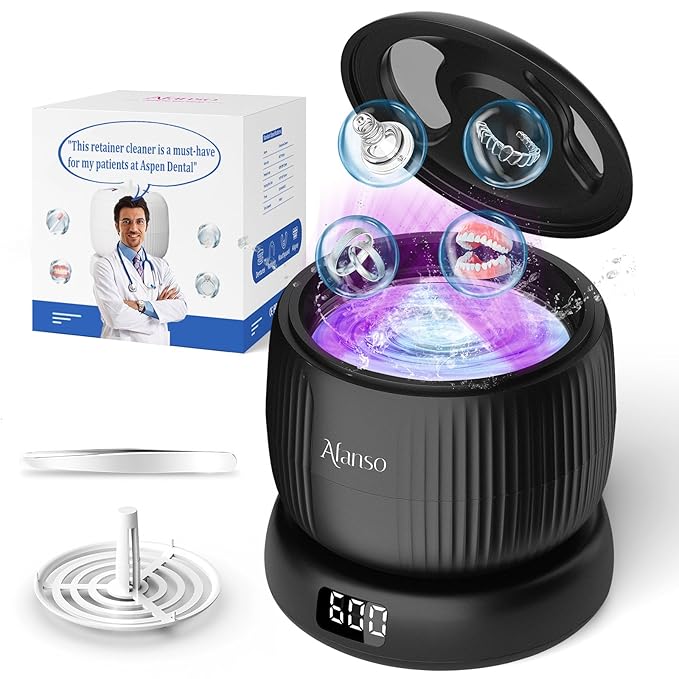 50kHz Ultrasonic Retainer Cleaner Machine for Travel & Home, Portable Denture Cleaner with Removable Base, 4 Modes Timer, Dental Cleaning Pod for Aligners, Braces, Mouth Guard, Jewelry, Toothbrush
