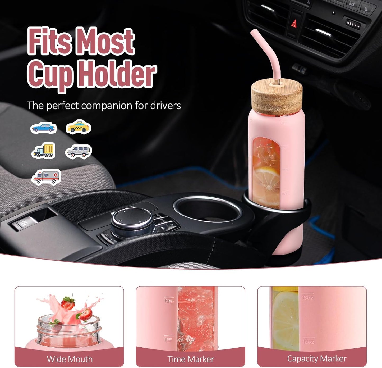 Kodrine Water Bottle with Straw, 24 oz Glass water Bottle with 2 Lids Bamboo Straw Lid and Spout Lid with Handle, 32 oz Clear Water Bottle Glass for Sports Travel, Waterbottle with Time Marker