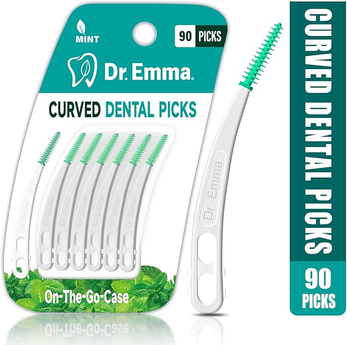Dr. Emma Dental Picks Mint Curved Soft Rubberized Tooth Picks Easy to Use Brush Picks with Carry Case, 90Ct
