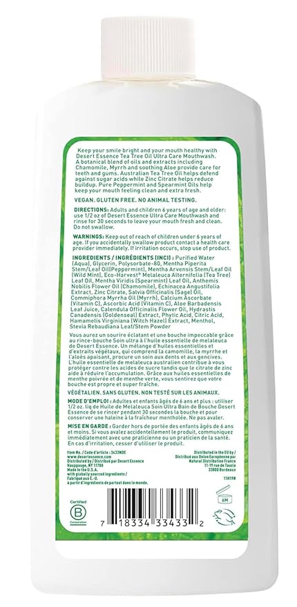 Desert Essence Natural Tea Tree Oil Ultra Care Mouthwash - Mega Mint - 16 Fl Oz - Freshens Breath - Defends Against Sugar Acids - Vitamin C - Soothes Gums - Whitening Floss - Removes Food Debris