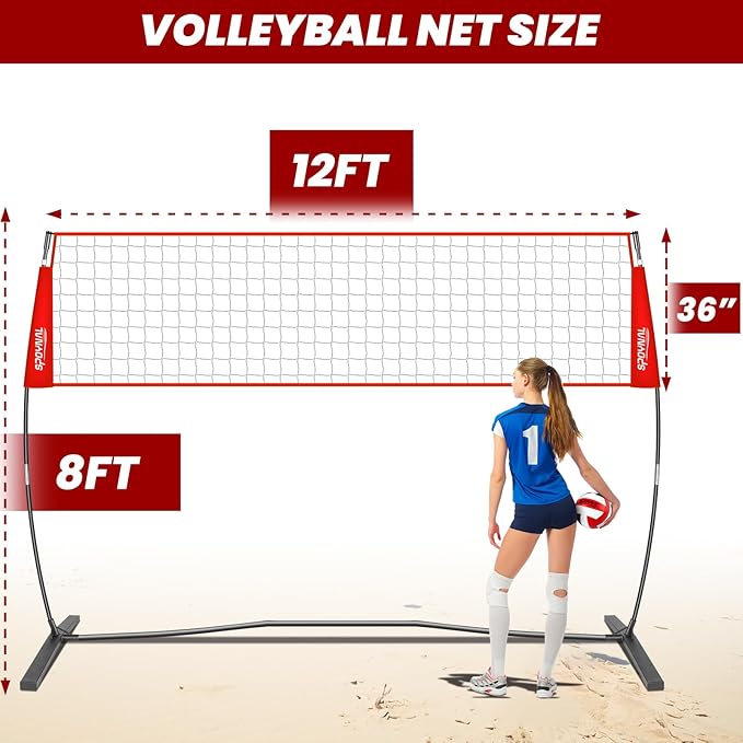 12FT/20FT Portable Volleyball Net Volleyball Net for Backyard Freestanding Volleyball Practice Net Outdoor Indoor Volleyball Training Set with Adjustable Height Carry Bag and Volleyball