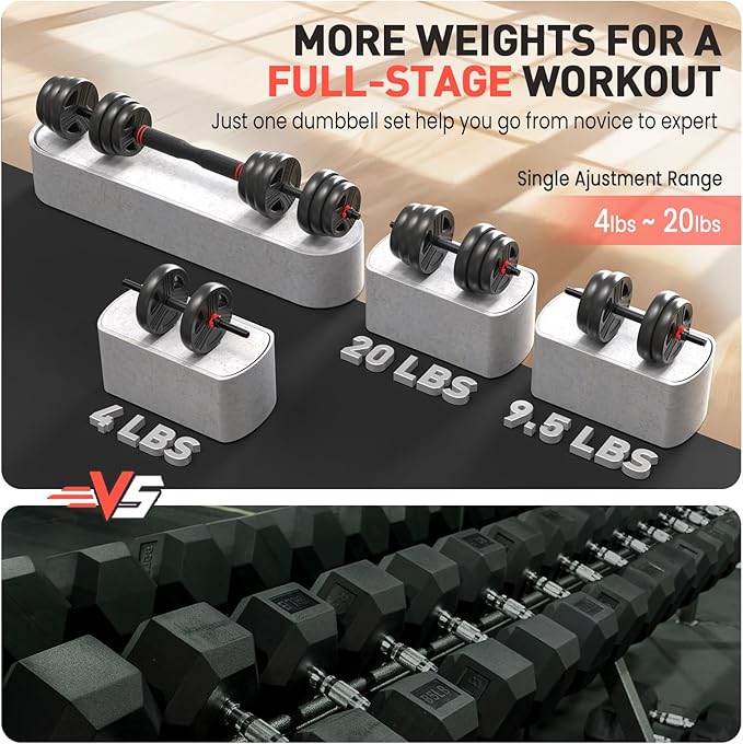 Adjustable Dumbbells, 20/30/40/55/60/70/80/90lbs Free Weight Set with Connector, 2 or 3 in 1 Dumbbells Used as Barbell, Kettlebells, Fitness Exercises for Home Gym Suitable for Men/Women