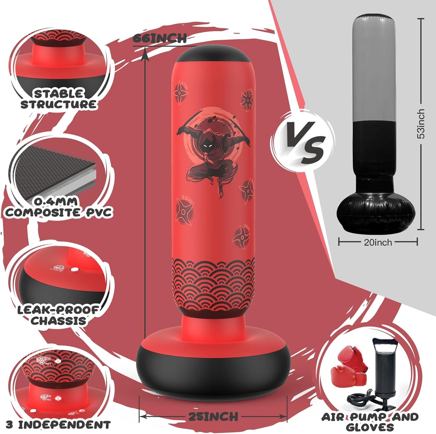 Inflatable Punching Bag for Kids, Tall Larger 66 Inch Stable Boxing Bag for Teens, Ninja Shuriken Toy Gifts for Boys Girls, Boxing Set with Gloves and Pump for Practicing Karate Taekwondo