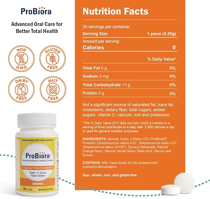 ProBiora Oral-Care Chewable Probiotic Tablets | Probiotic Supplement for Women & Men | Healthier Teeth & Gums | Fresher Breath | Whiter Teeth | Better Overall Health | 30 Count | Orange