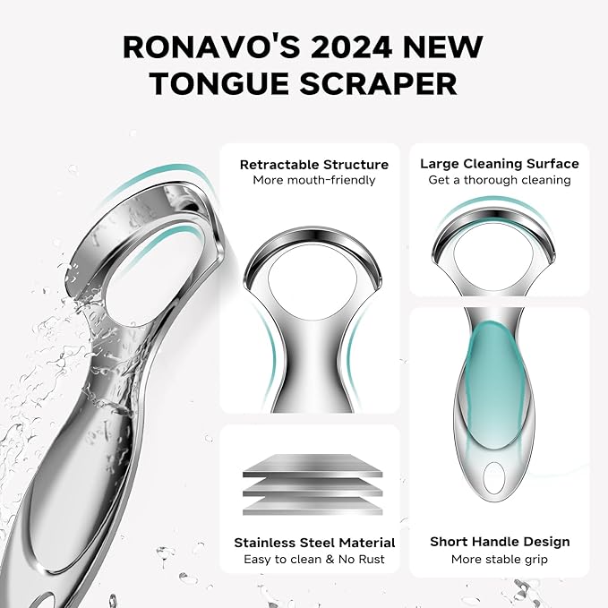 RONAVO Tongue Scraper Tongue Cleaner (New Series) Tongue Scraper for Adults Portable Storage Tongue Coating Removal Bad Breath Care Metal Tongue Scraper with Pink Carrying Case