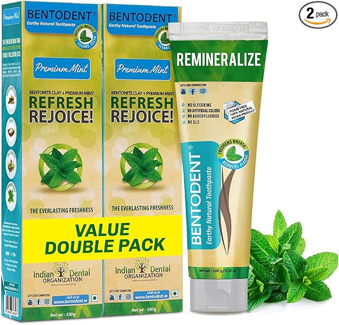 Bentodent Remineralizing Fluoride Free Toothpaste, Organic & Natural with Calcium Bentonite Clay, SLS Free, Whitening for Sensitive Teeth, Vegan (Premium Mint Combo)
