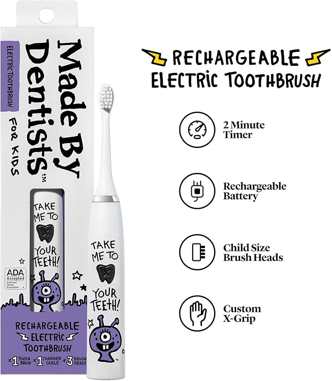 Made by Dentists Kids Electric Toothbrush - Rechargeable Vibrating Toothbrush with Timer, Includes 6 Replacement Heads, Halloween Gifts for Kids, Girls and Boys, Kid & Toddlers Age 2+, Alien