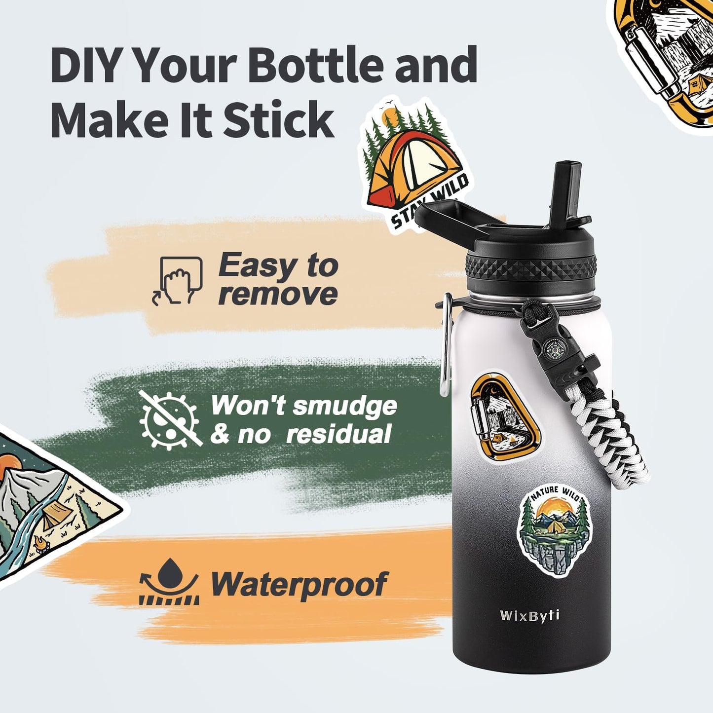 32 oz Insulated Water Bottle with Straw (Cold for 48 Hrs), Stainless Steel Triple Wall Vacuum Sports Water Jug, Leakproof Hydro Cup Flask with Paracord Handle & Straw Spout Lids & DIY Stickers