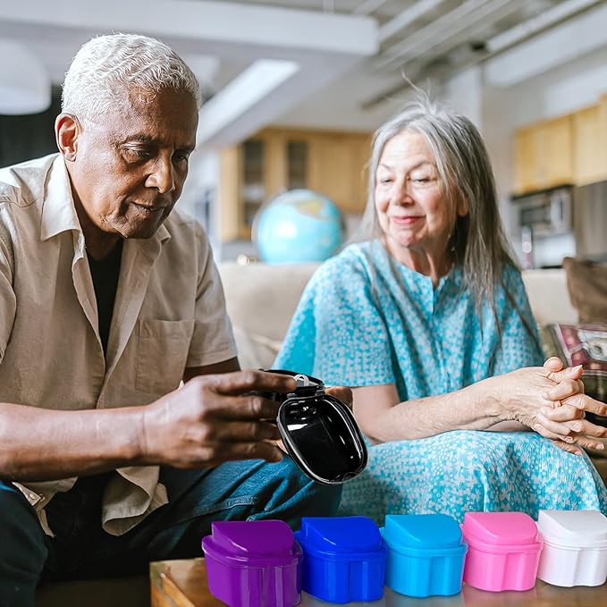 2 Pack Color Retainer Cleaner Case Denture Cups for Soaking Dentures, False Teeth Container Partial Denture Cleaning Case with Lid Travel - Lake Green and Dark Blue