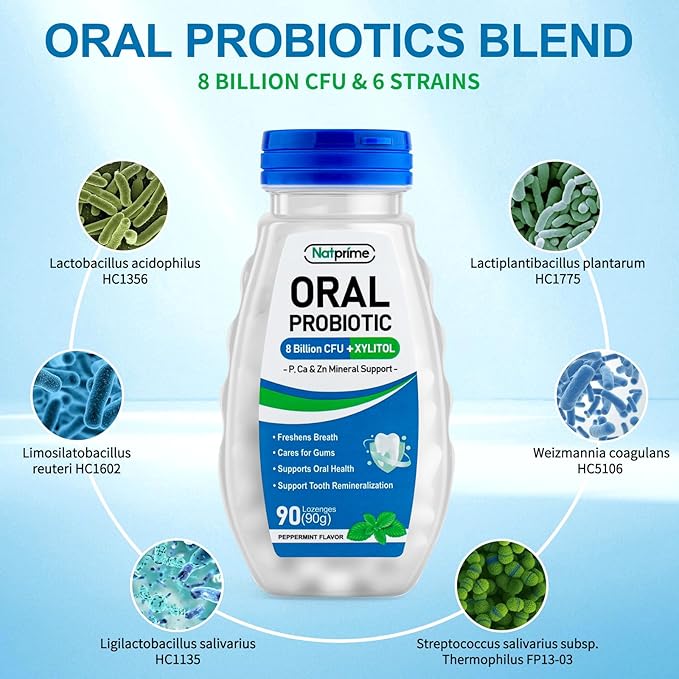 Oral Health Probiotics for Mouth Bad Breath - 8 Billion CFU 6 Strains with Prebiotics & Ca, Dental Probiotics for Teeth and Gums, Fresh Breath, 90 Mouth Probiotic Lozenges for Adults (Mint)