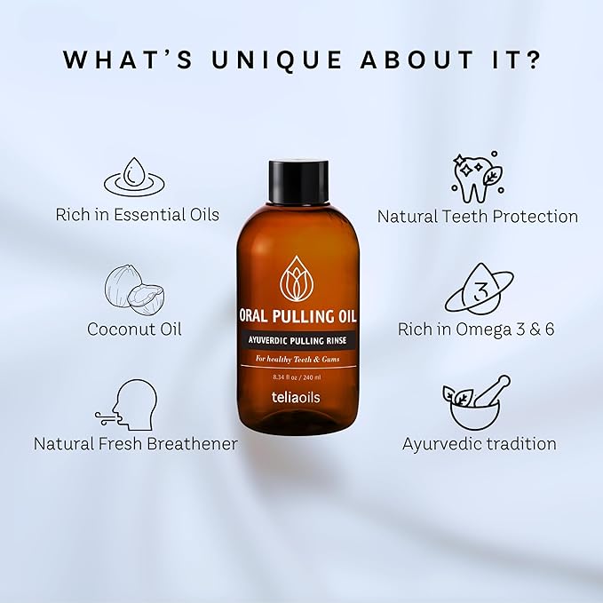 Teliaoils Coconut Pulling Oil (8.34 fl oz / 240 ml) for Mouth, Gums, Tooth – Ayurvedic Dental Mouthwash for Oral Health, Detoxification, Bad Breath – Whitens Teeth & Freshens Breath – Mint Flavor