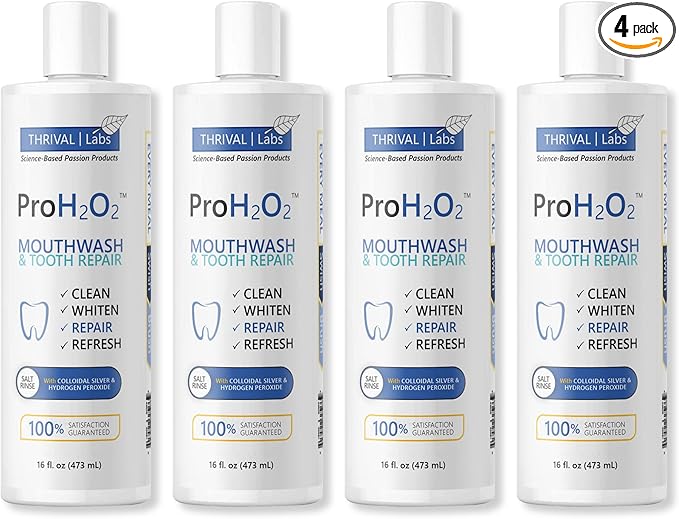 ProH2O2 Natural Mouthwash, Salt Swish, & Tooth Repair by Thrival Labs, Press Top Dispensing, Family Pack (4 Pieces)