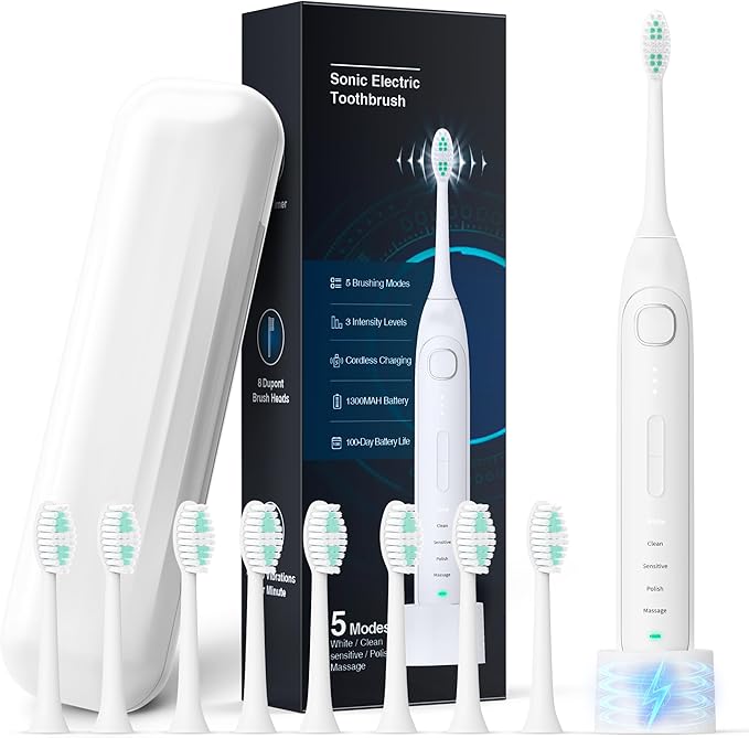 Electric Toothbrush for Adults and Kids Rechargeable Sonic Toothbrush with 5 Modes 2-Min Smart Timer IPX7 Waterproof 40,000 VPM Motor with 8 Brush Heads & Travel Case (White, 1Pack)