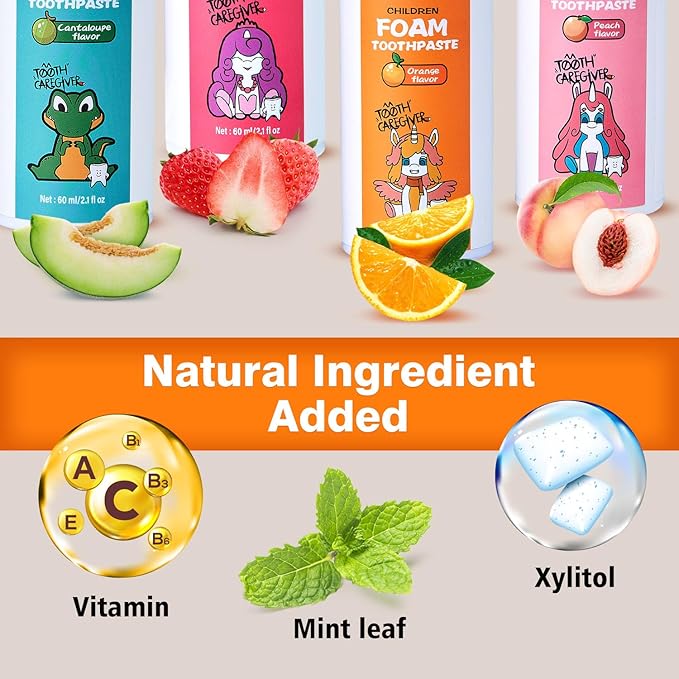 NOHOO Fluoride Free Foam Toothpaste Kids Fruit Flavour,Natural Training Toothpaste for Baby Toddler Children Oral Cleaning and Cavity Protection(Orange + Peach)