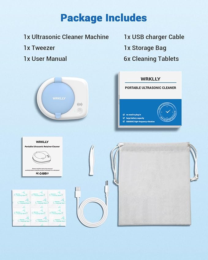 Rechargeable Ultrasonic Retainer Cleaner Machine | 50kHz 1.9 inch Ultra-Thin Portable | Night Guard Aligners Jewelry |6pcs Cleaner Tablets Included | Quick & Deep Clean Modes | Oral Dental Care