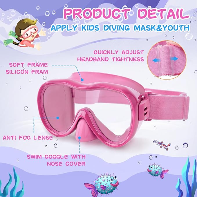 Kids Swim Goggles 180° Snorkel Diving Mask with Nose Cover, Anti-Fog Kids Swimming Goggles with Elastic Fabric Strap for Kids Boys Girls