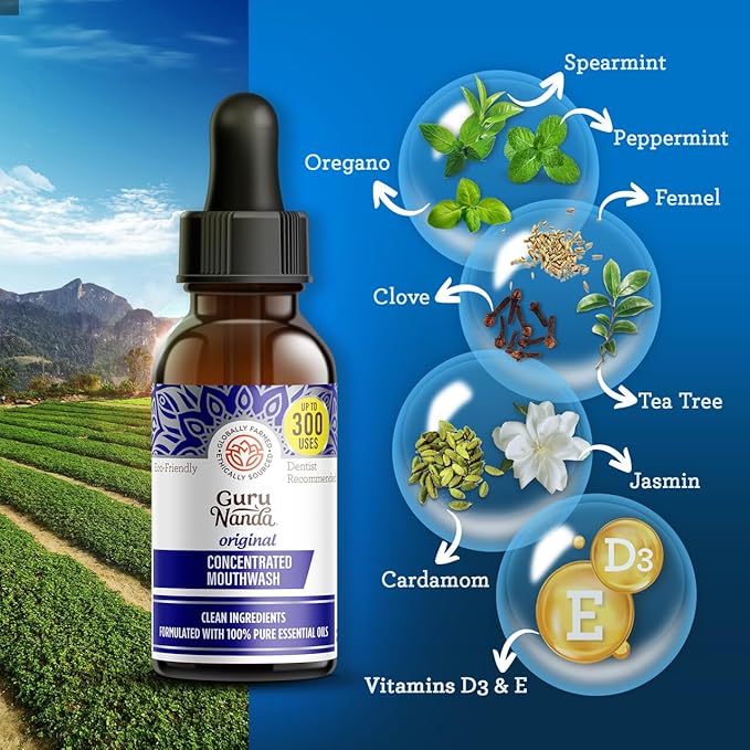 GuruNanda Concentrated Mouthwash (3x2 fl oz), Supports 300 Rinses, Aids in Fresh Breath, Fluoride-Free, Mint Mouthwash with Natural Essential Oils