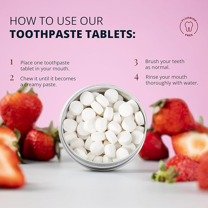 J&L Naturals Toothpaste Tablets | 62-Pack Travel-Friendly Toothpaste | Fluoride + Plastic Free, Vegan, Cruelty Free, Sustainable | Woman-Owned Small Business (Strawberry, 62 Count (Pack of 1))