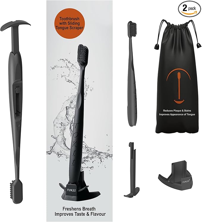 TOKII Tongue Scraper Cleaner Charcoal Bristles Toothbrush for Bad Breath with Waterproof Pouch for Travel, Hygienic Stand and Enviromentally Friendly (Black, Pack of 2)