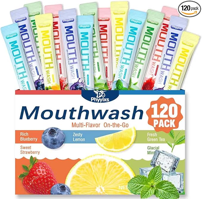 Mouthwash Travel Size – Individually Wrapped Portable Packets, Alcohol-Free & Fluoride-Free, On-The-Go Oral Hygiene for Fresh Breath Anytime(5 Flavors) (120 Pack)