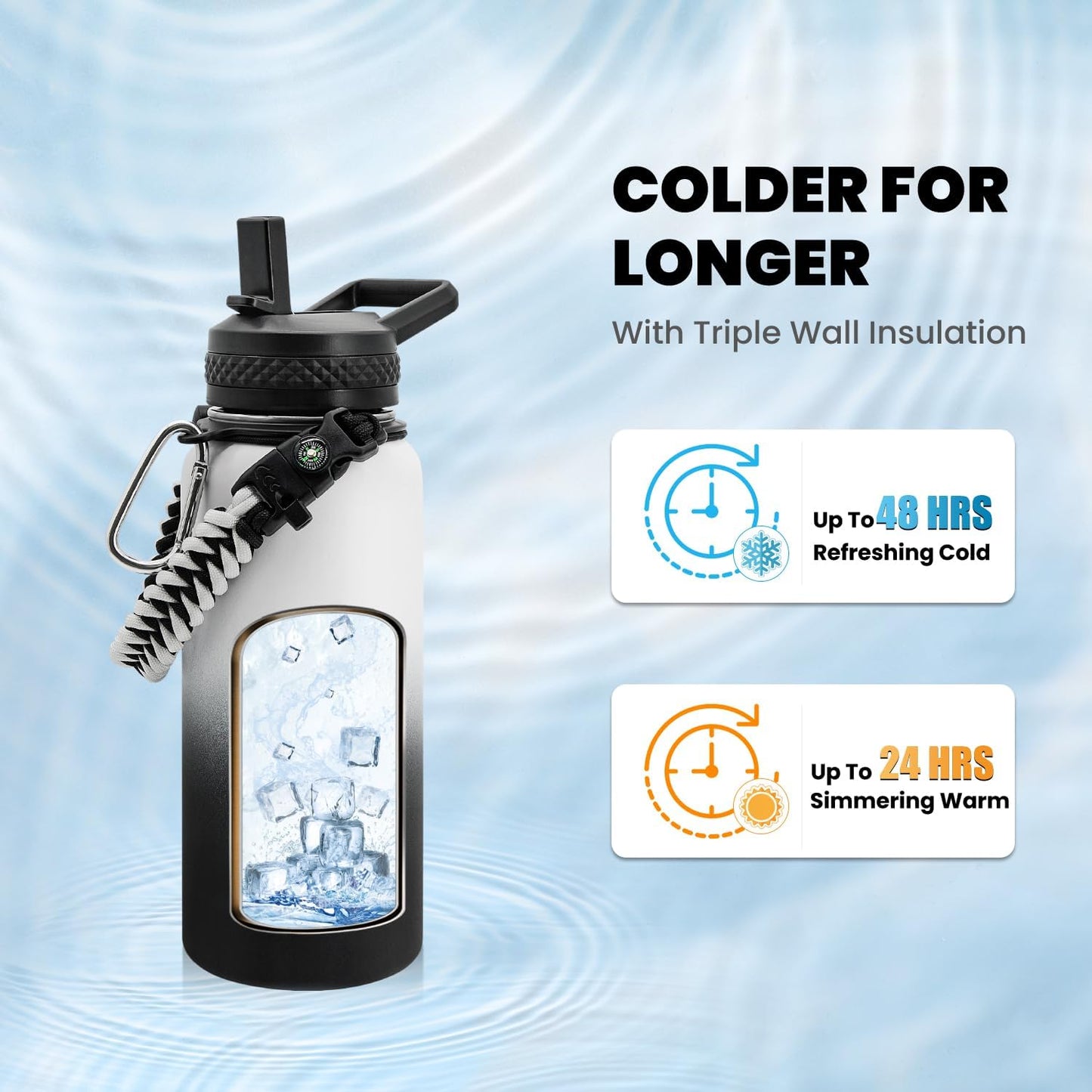 Insulated Water Bottle 32 oz, Triple Wall Vacuum Stainless Steel (Cold for 48 Hrs), Leak Proof & Non-BPA, Modern Water Flask Jug with Paracord Handle & Straw Spout Lids, Ombre: White/Black