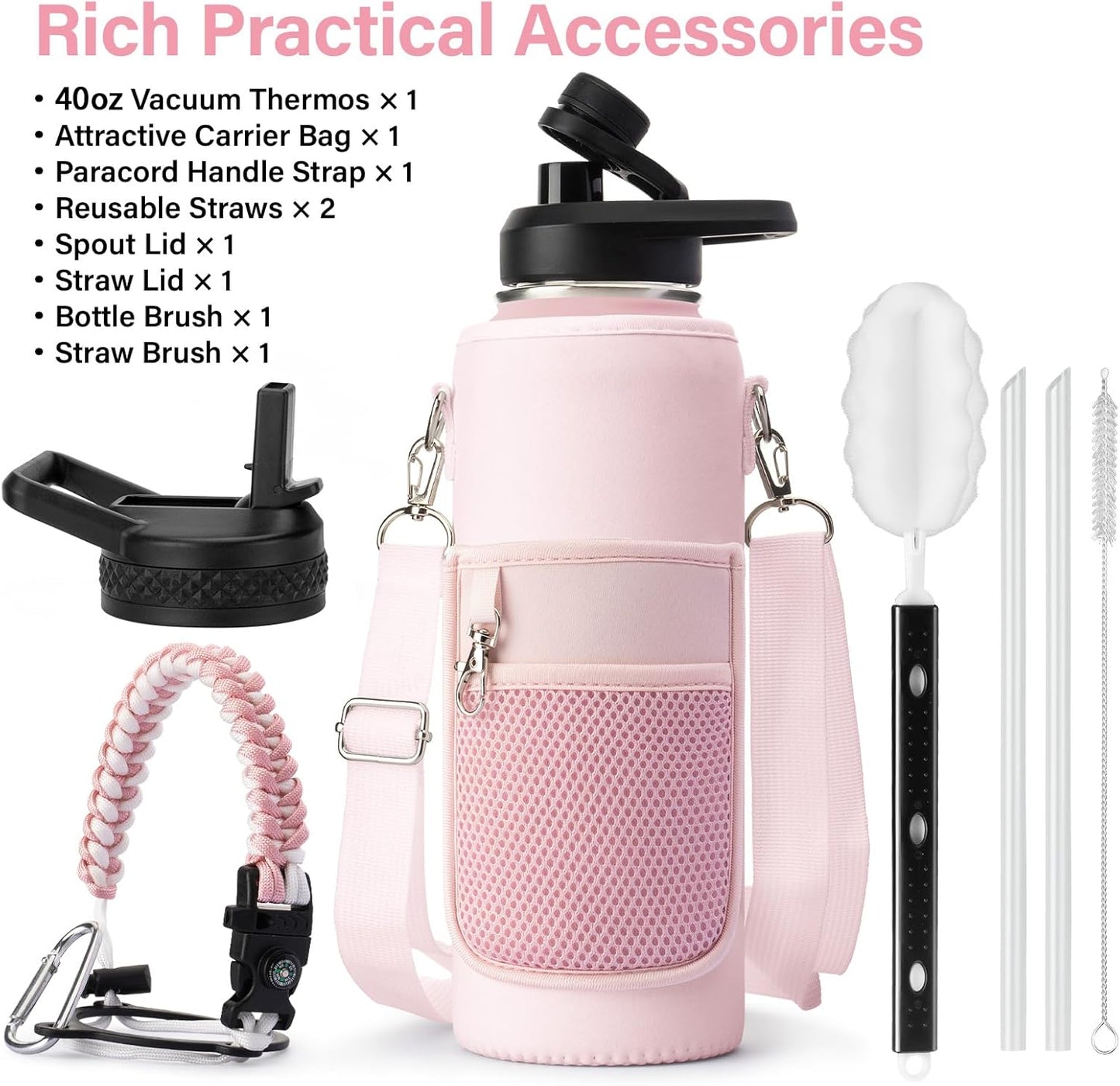 Insulated Water Bottle | Thickened Stainless Steel Vacuum Metal | Portable Sports Water Jug for Gym and Hiking with Straw, Carrier Bag, Handle Strap | BPA-Free 40 oz, Pink