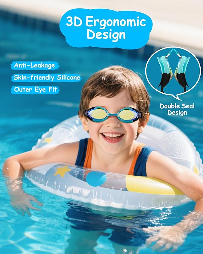 Kids Swim Goggles, Anti-fog and UV Protection with Swim Cap for Age 3-15 Youth Boys Girls Toddler