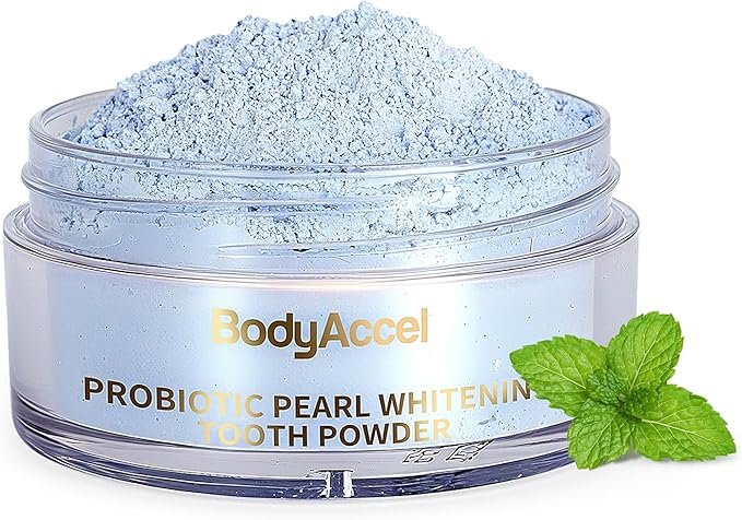BodyAccel Teeth Whitening Powder Upgraded– Probiotic Pearl Whitening Tooth Powder, Fluoride-Free Toothpaste for Coffee & Tea Stain Removal, 360° Clean Teeth, Fresh Breath